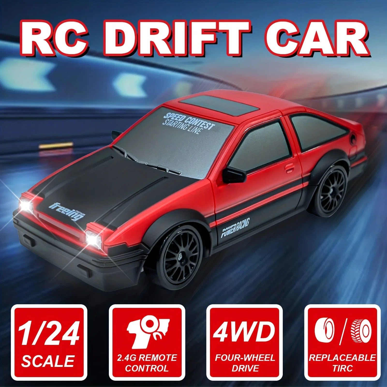 4WD High-Speed RC Drift Car with Cool Lights - 2.4GHz Remote Control Racing Toy, Rechargeable Battery Included, Black & White De
