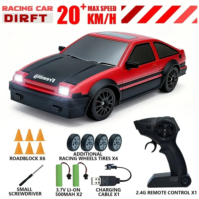 4WD High-Speed RC Drift Car with Cool Lights - 2.4GHz Remote Control Racing Toy, Rechargeable Battery Included, Black & White De