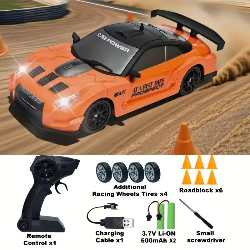 4WD High-Speed RC Drift Car with Cool Lights - 2.4GHz Remote Control Racing Toy, Rechargeable Battery Included, Black & White De