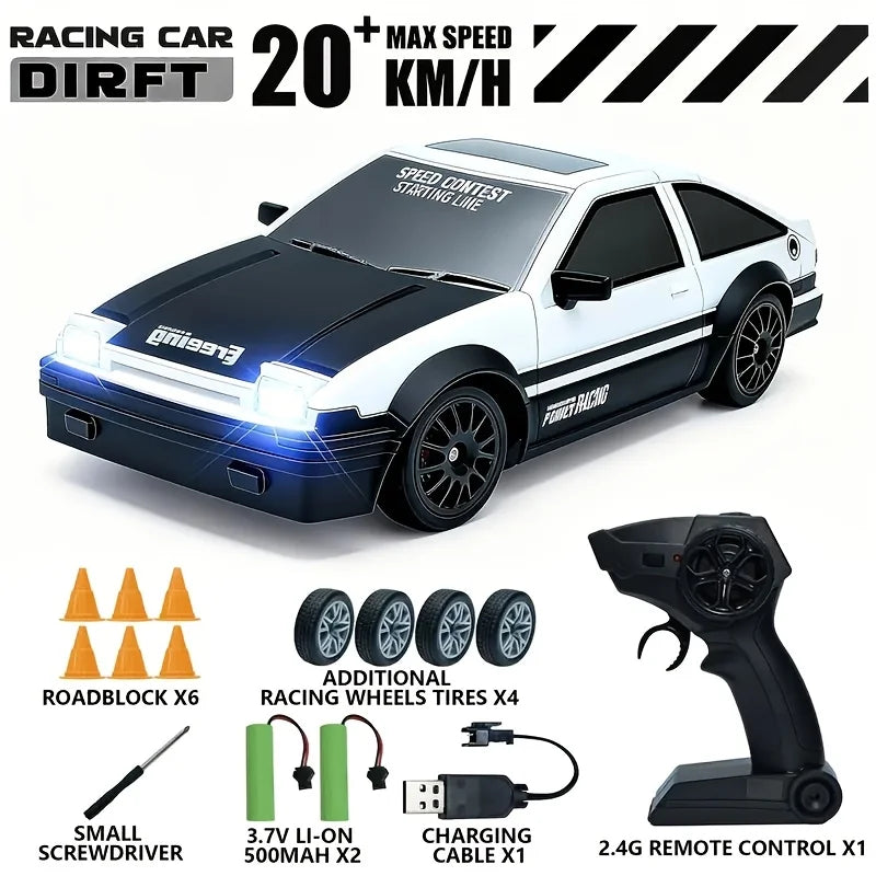 4WD High-Speed RC Drift Car with Cool Lights - 2.4GHz Remote Control Racing Toy, Rechargeable Battery Included, Black & White De
