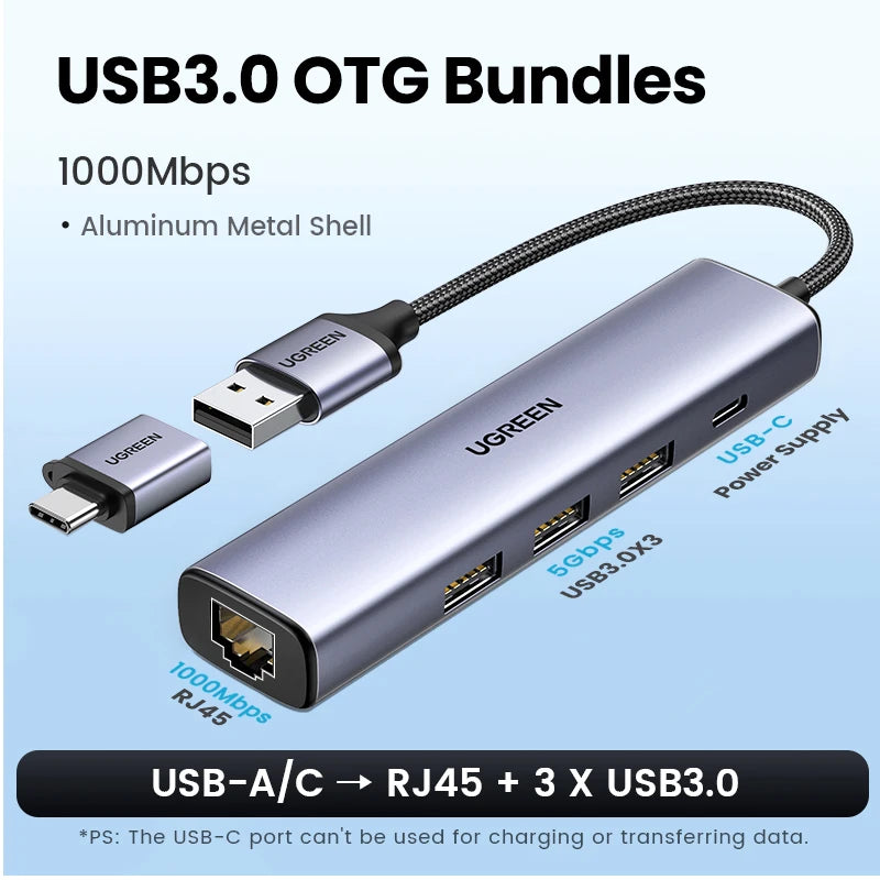 UGREEN USB Ethernet Adapter 1000/100Mbps USB3.0 HUB RJ45 Lan for Laptop PC Xiaomi Mi Box Macbook Windows USB-C HUB Network Card