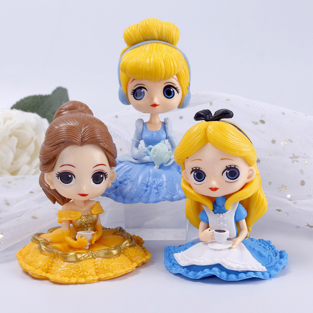 10cm Disney Q Posket Snow White Sofia Alice Belle Mermaid Aurore Princess Figures Toys Collectible Model Dolls Cake Decoration