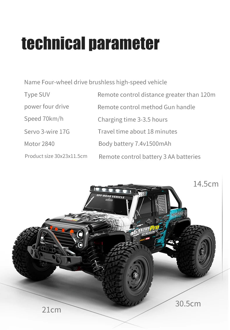 Teeggi 16101 /16102 PRO 1:16 High Speed RC Car With LED Light Drift 70KM/H 4WD RC Off-Road Car Monster Truck Toy For Kid Gifts