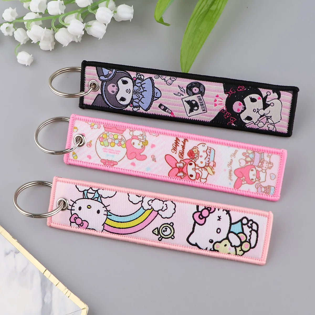 Sanrio Hello Kitty Melody Kuromi Embroidery KeyChain Key Tag Cars Backpack Chaveiro Keychain Keyring Accessories Toy Gift