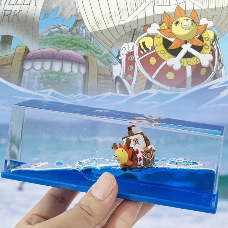 One Piece Floating Drift Bottle 3D Ship Go Merry Thousand Sunny Fluid Boat In Bottle Home Desktop Decor Anime Collection Adult