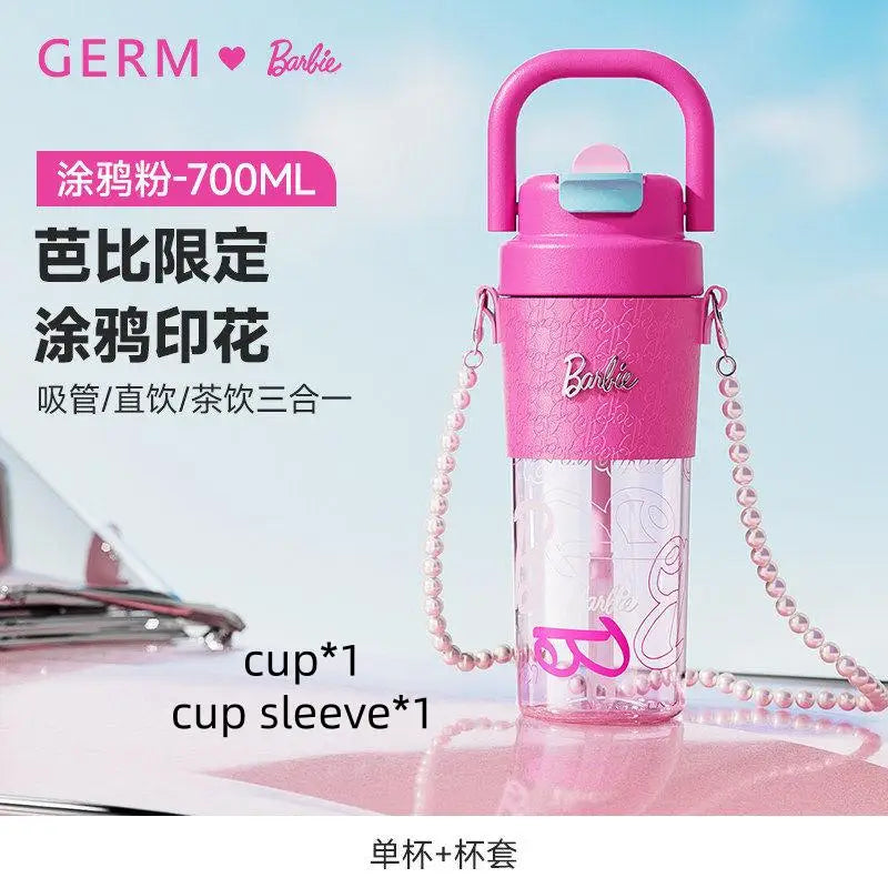 500ml/750ml Summer Barbie Transparent Cup Straw Bead Chain makeup Combo Portable Lightweight Drink Cup For School & Office Use