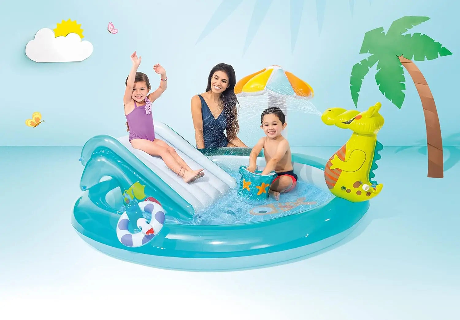 Outdoor Inflatable Kiddie Pool with Slide, Sprinklers, and Floatie for Kids Ages 2+