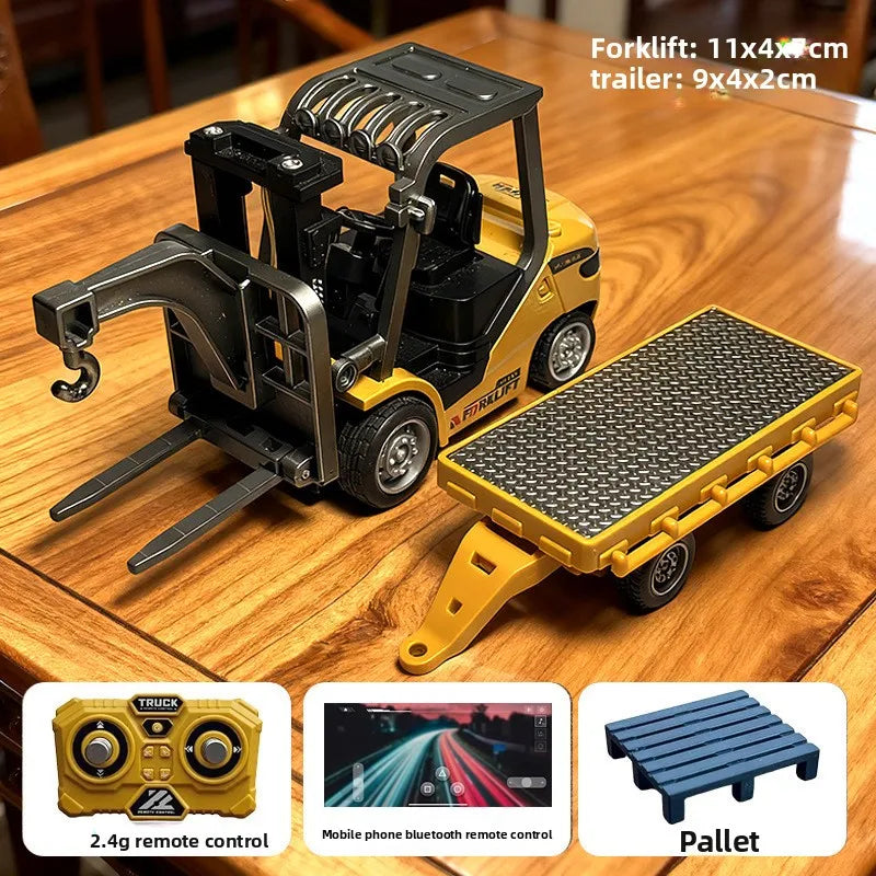 1/64 2.4G RC Mini Alloy Forklift With Trailer Desktop Game Full-scale APP Remote Control Engineering Lift Truck Kids Toys Gifts