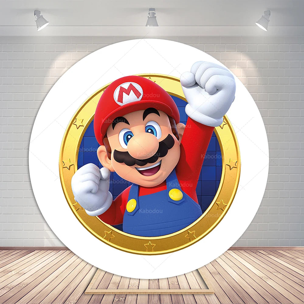 Super Mario Bros Party Round Backdrop Kids Boys 1st Birthday Background Photography Photo Studio Banner Poster Props Elastic