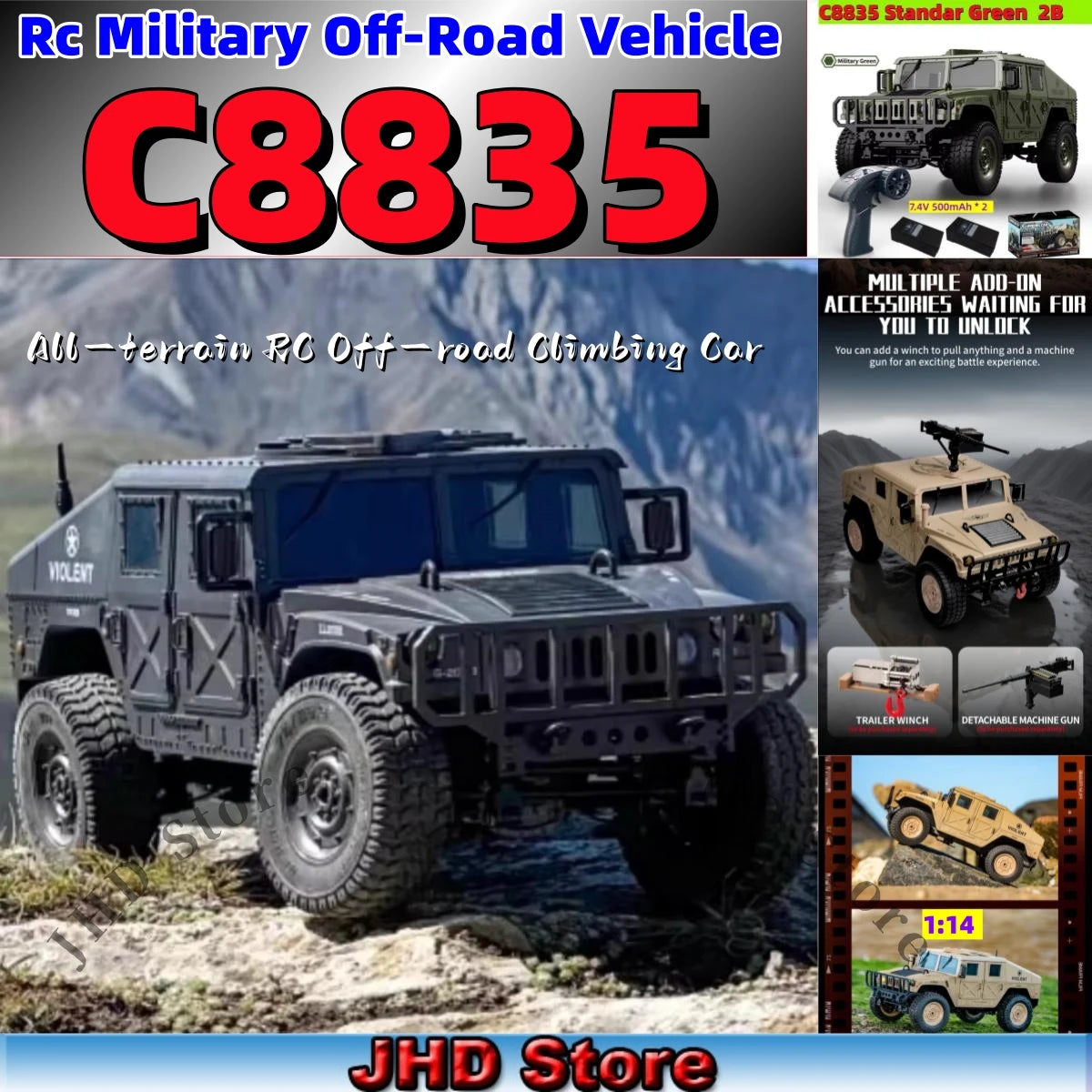 JHD For JJRC C8835 RC Car Simulation 4x4 All-terrain 2.4G Off-road Climbing Electric Truck with LED Light  With Spare Battery