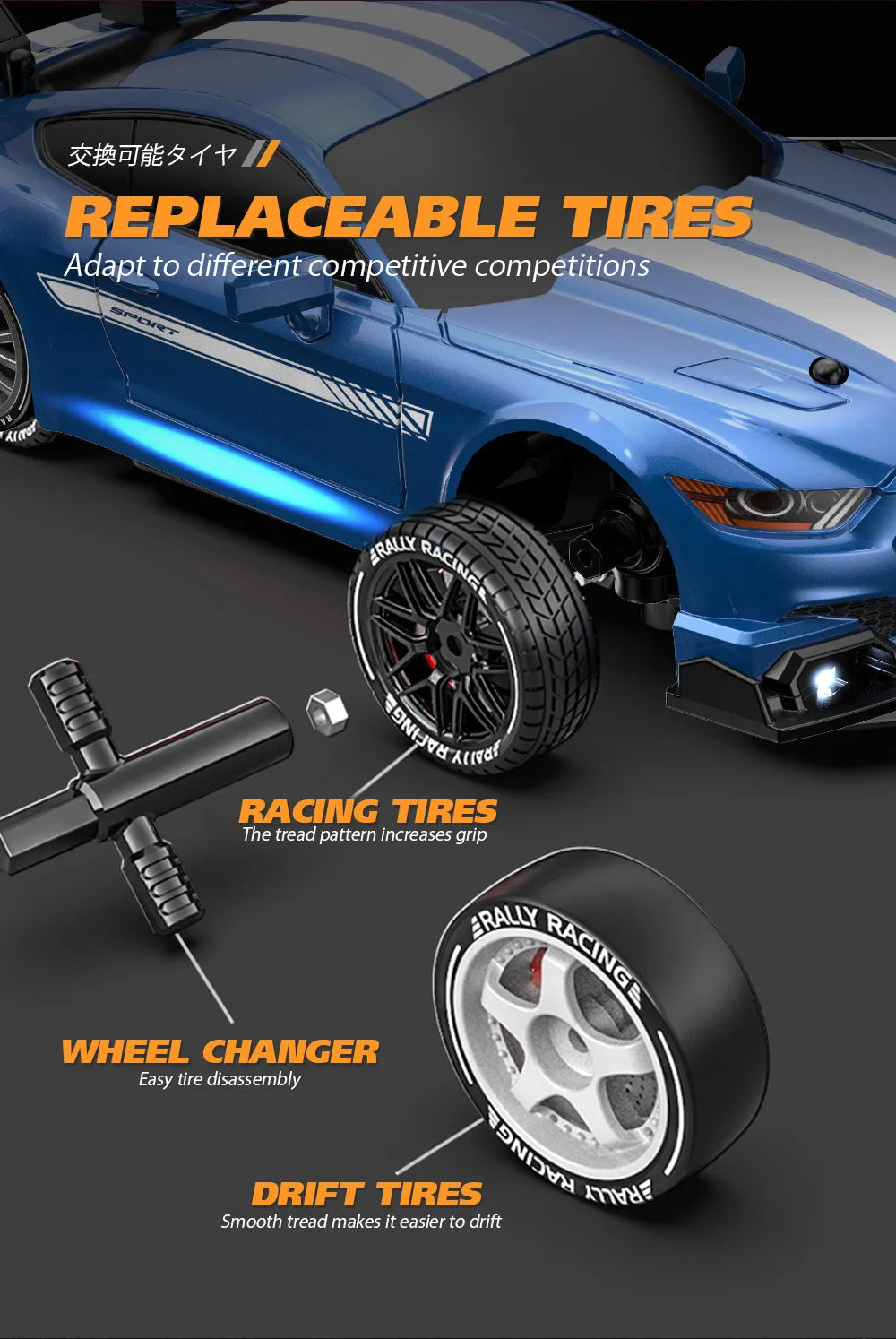 RC Drifting Car 1:24 4WD 30km/H High Speed LED Lights Gyro 2.4Ghz Remote Control with PVC Shell Electric Toys for Boys Kids Gift