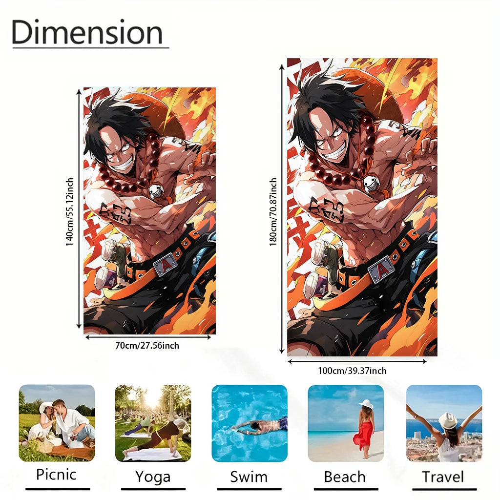 One Piece Portgas D. Ace Fire Fist Beach Towel, Flame Pirate Anime Microfiber Quick Dry Sand-Free Summer Swim Towel