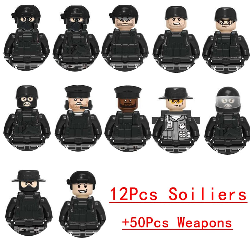 25/50/100Pcs Soldier Police Gangster WW2 Army Military Weapons SWAT Machine Gun Mortar Building Blocks Figure Model Brick Toy