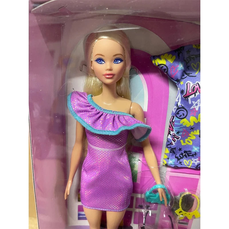 Original Mattel Odile Face Barbie Braid Doll Fashion Dressing And Matching Barbie Charm Gift Box Model Collection Toy Girl
