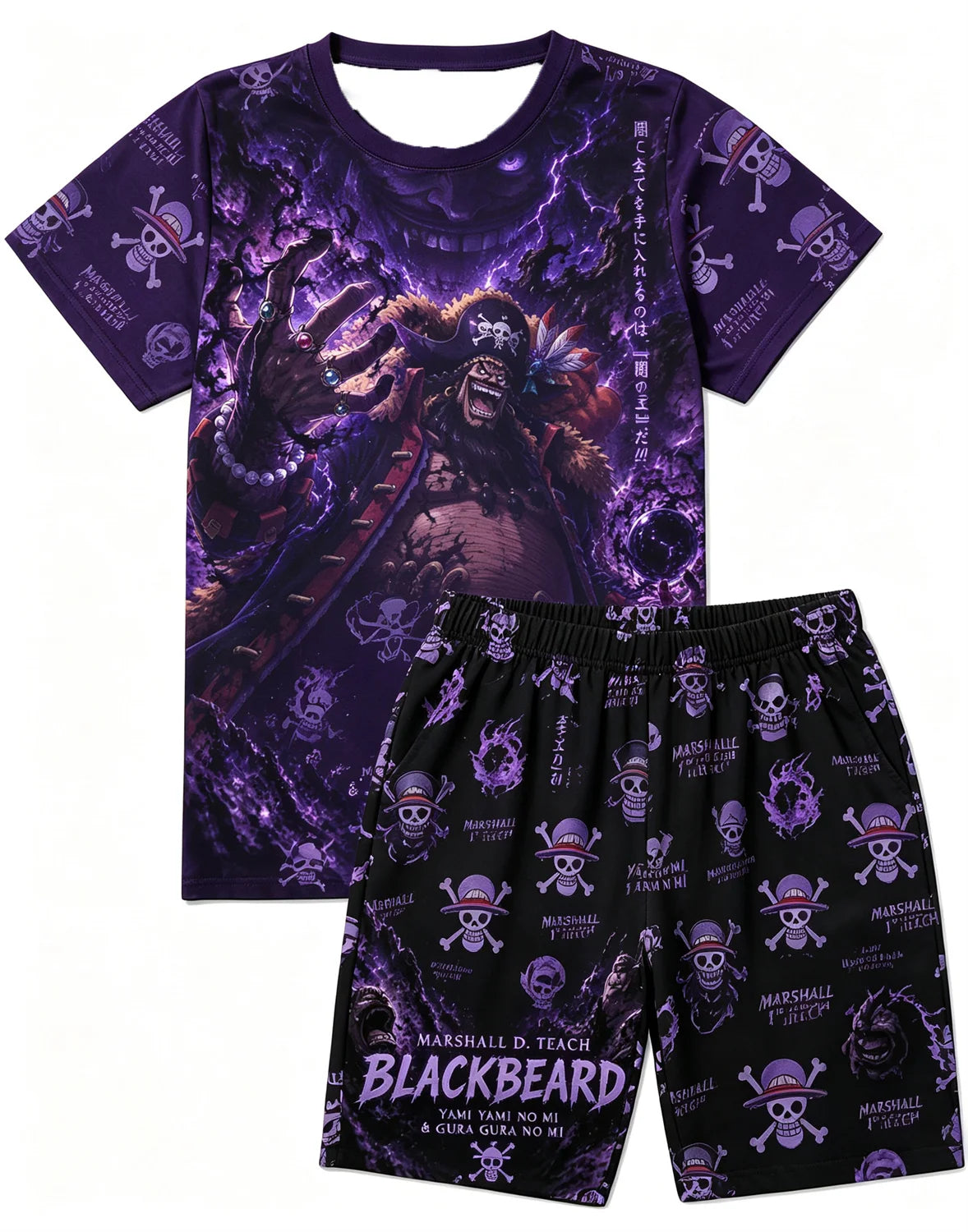Bandai One Piece D Luffy Laugh Anime Print T-Shirt Drawstring Shorts Set For Men Women Kids Summer Home Casual Two Piece Outfit