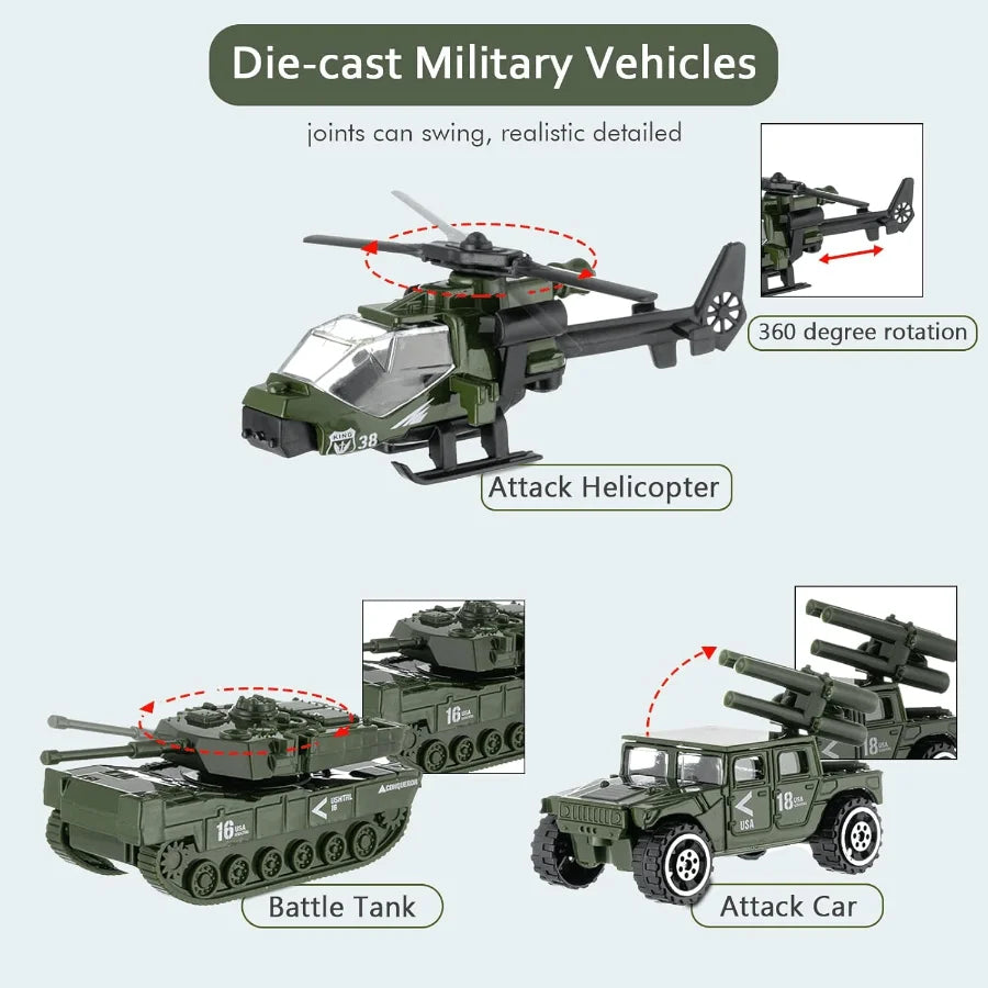 6 Pack Army Toys Mini Assorted Alloy Metal Model Cars Tank, Helicopter, Panzer, Anti-Air Vehicle Playsets Gift