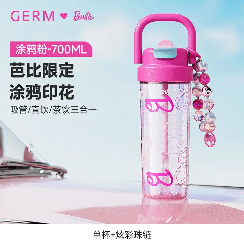 500ml/750ml Summer Barbie Transparent Cup Straw Bead Chain makeup Combo Portable Lightweight Drink Cup For School & Office Use