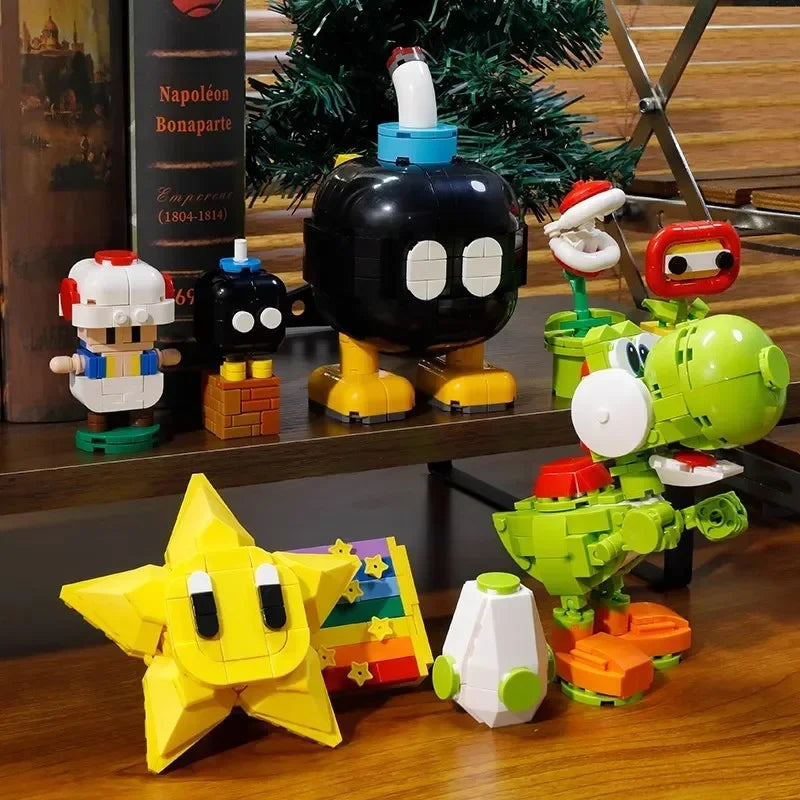 Super Mario Bros Base Building Blocks Yoshi Luigi Star Assembled Question Mark MOC Game Model Mario Mini Brick Toy For Kids Gift