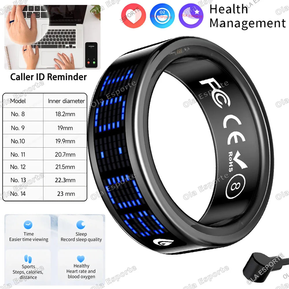 Call ID Reminder Smart Ring Display Screen and Touch,Tasbih Counter,Health Manager,5ATM Waterproof Multiple Sport Mode Men Women