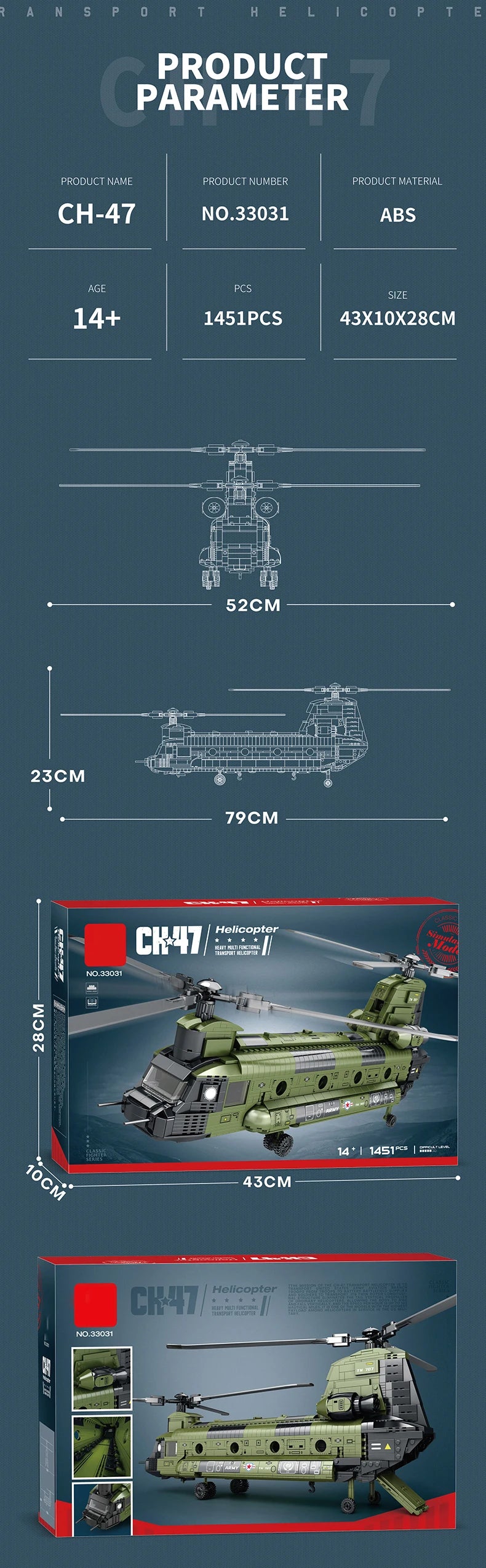 1451PCS CH-47 Chinook Transport Plane Building Blocks Military Armed Helicopter Fighter Model Bricks Toys For Kids Holiday Gifts