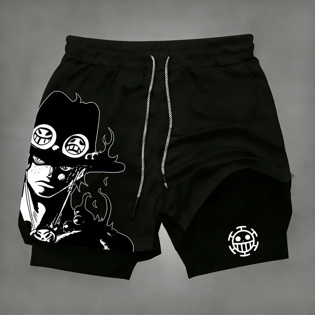 One Piece Men's Shorts Double-layer Anime Print Two-piece Quick-drying Shorts Breathable Fitness Sports Pants Summer 2026 Y2k