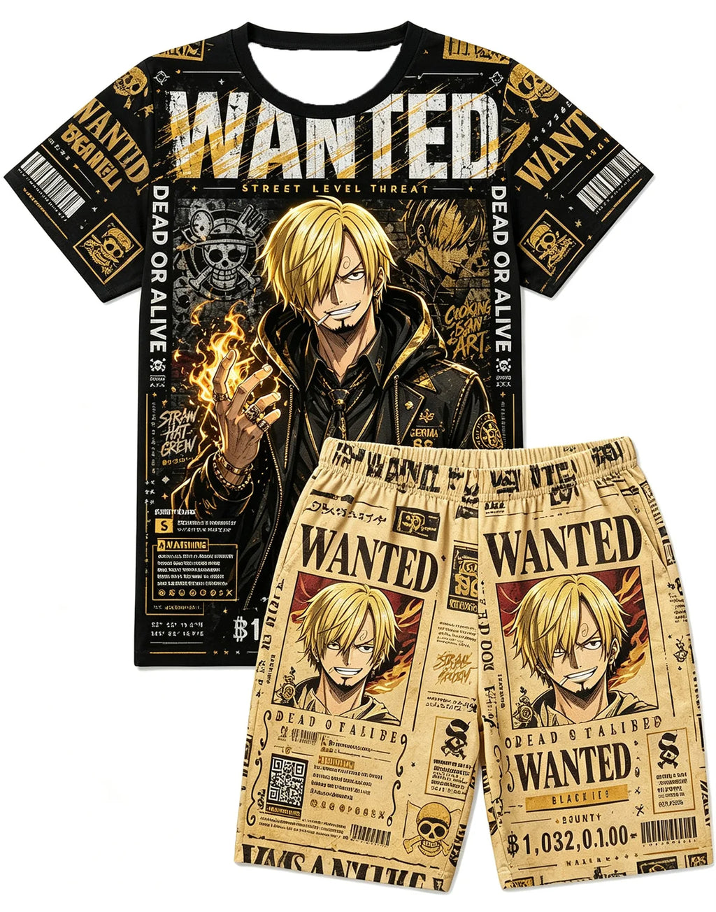 Bandai One Piece D Luffy Laugh Anime Print T-Shirt Drawstring Shorts Set For Men Women Kids Summer Home Casual Two Piece Outfit