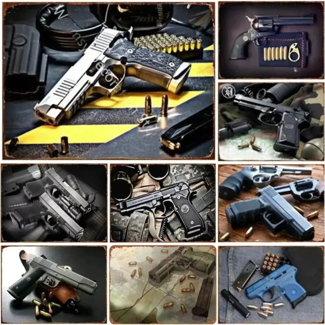 Pistol Metal Signs, Exuding Military Flair, Ideal As Wall Decoration in Man Cave, Home, Cafe, Garden, Club and Bar Settings.