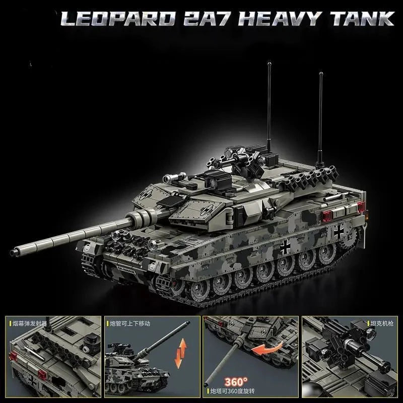 Military Series Building Blocks Model War Leopard 2A7 Heavy Tank Bricks Sets WW2 Creative Toys for Boys Adult Christmas Gifts