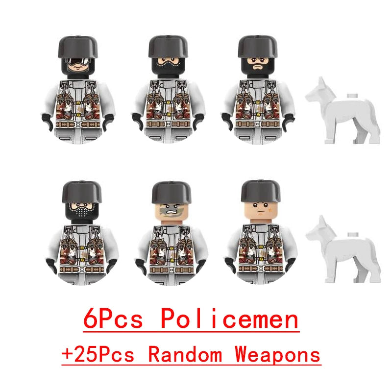 25/50/100Pcs Soldier Police Gangster WW2 Army Military Weapons SWAT Machine Gun Mortar Building Blocks Figure Model Brick Toy