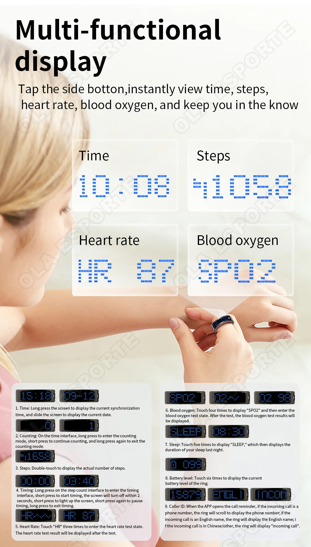 Call ID Reminder Smart Ring Display Screen and Touch,Tasbih Counter,Health Manager,5ATM Waterproof Multiple Sport Mode Men Women