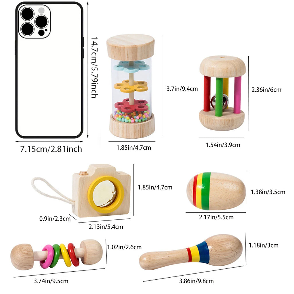 6pcs/set Wooden Musical Instruments Toys, Small Rattle, Sand Hammer, Sand Ball, Shake Bell Kaleidoscope, Griping Practice Toys