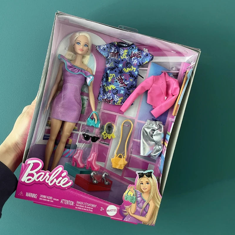 Original Mattel Odile Face Barbie Braid Doll Fashion Dressing And Matching Barbie Charm Gift Box Model Collection Toy Girl