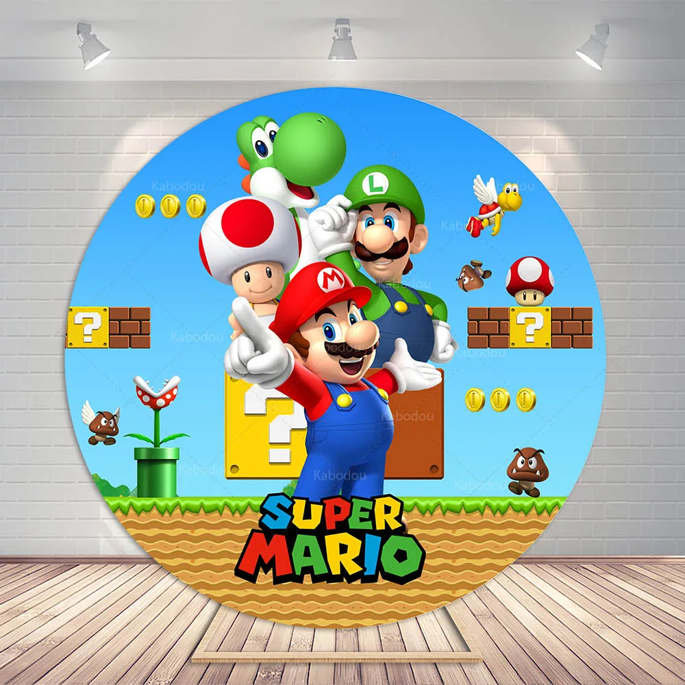 Super Mario Bros Party Round Backdrop Kids Boys 1st Birthday Background Photography Photo Studio Banner Poster Props Elastic