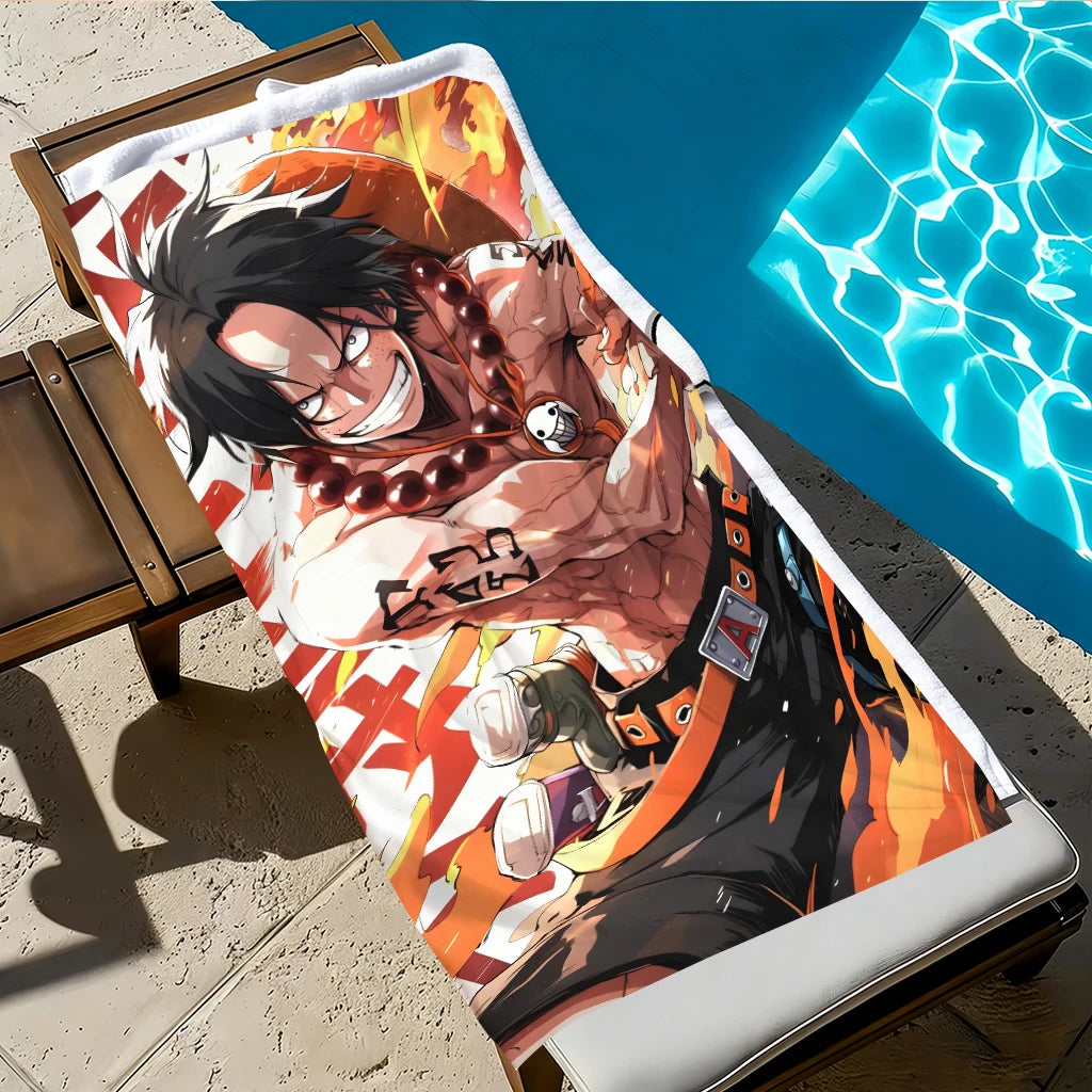 One Piece Portgas D. Ace Fire Fist Beach Towel, Flame Pirate Anime Microfiber Quick Dry Sand-Free Summer Swim Towel