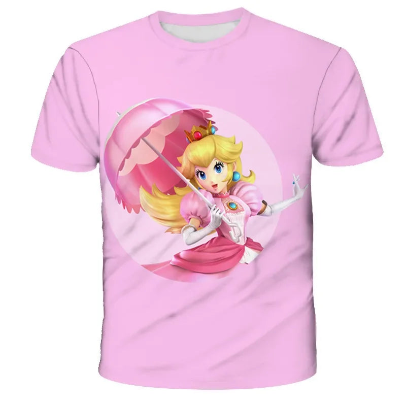Super Mario Peach Princess Anime Manga Summer Children's Clothes Short Sleeve Boys Girls Cute Casual Fashion T-shirt Kids