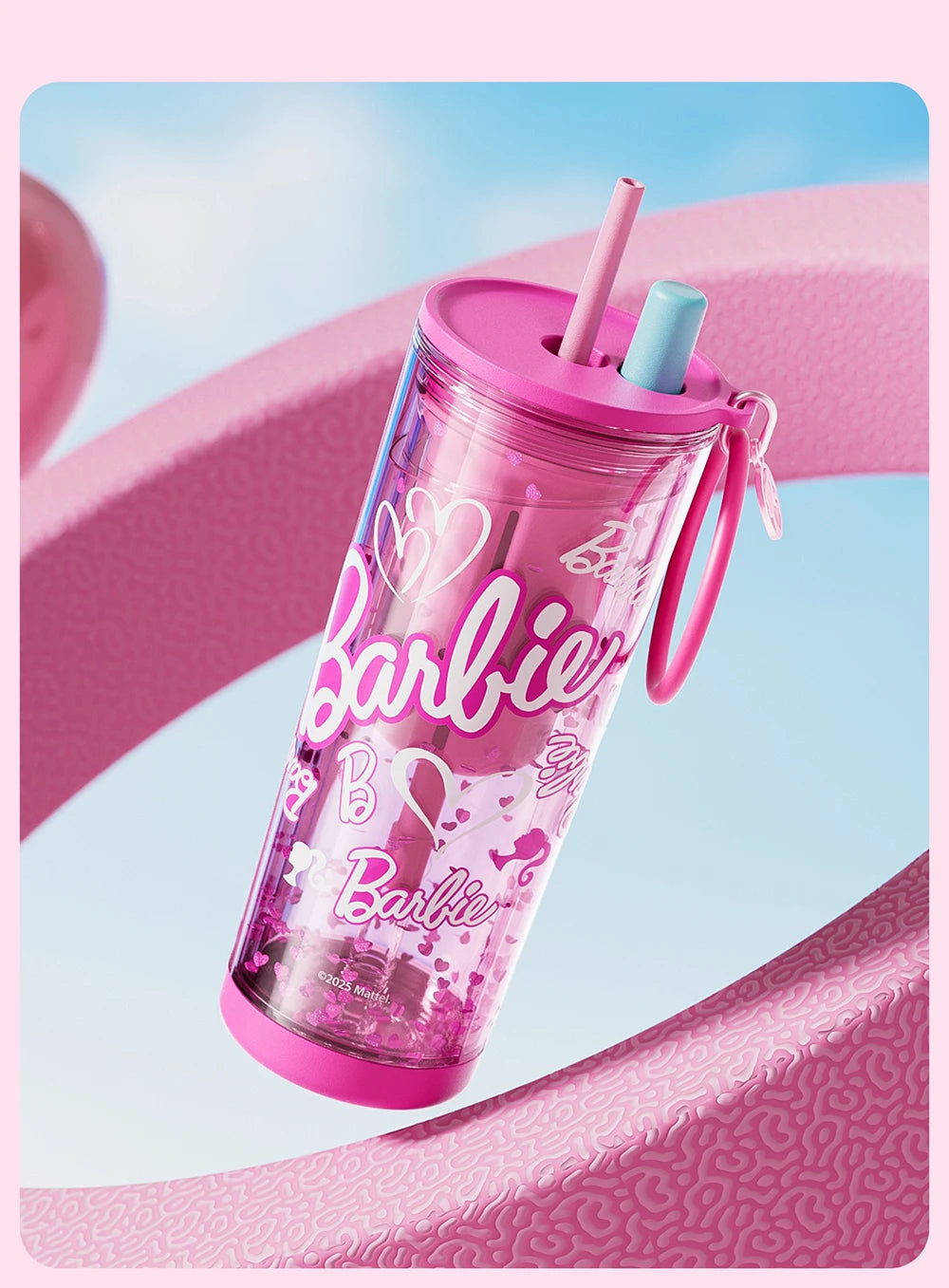 500ml/750ml Summer Barbie Transparent Cup Straw Bead Chain makeup Combo Portable Lightweight Drink Cup For School & Office Use