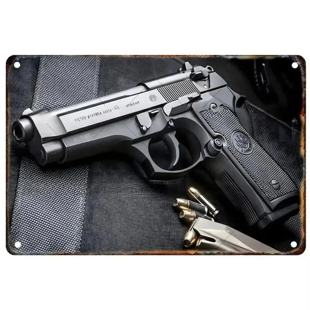 Pistol Metal Signs, Exuding Military Flair, Ideal As Wall Decoration in Man Cave, Home, Cafe, Garden, Club and Bar Settings.