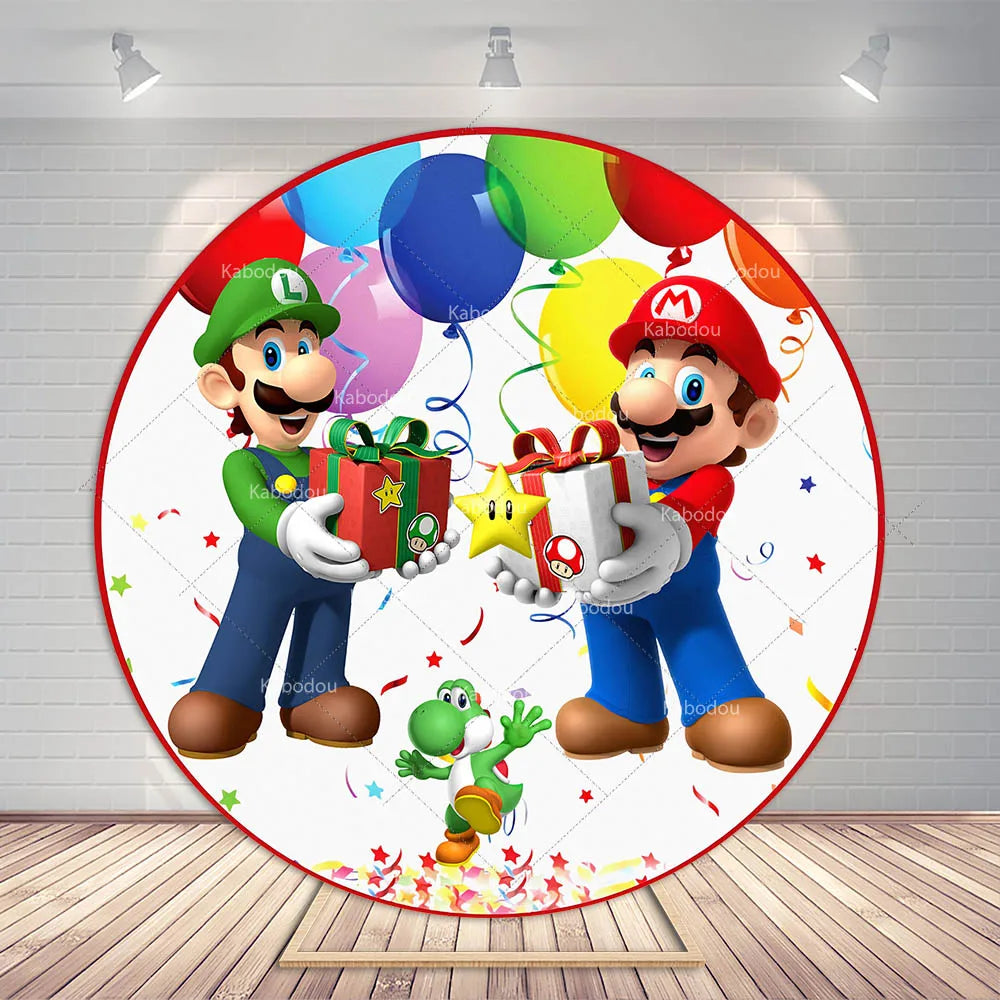 Super Mario Bros Party Round Backdrop Kids Boys 1st Birthday Background Photography Photo Studio Banner Poster Props Elastic