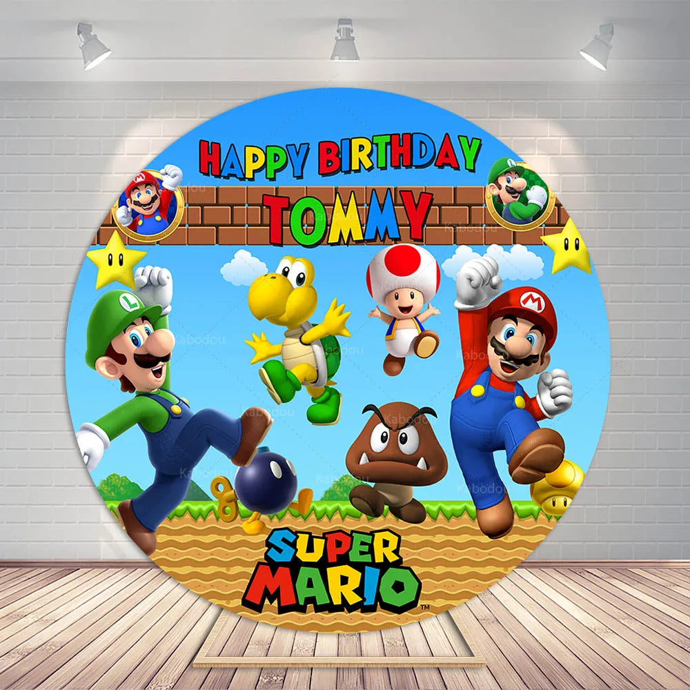 Super Mario Bros Party Round Backdrop Kids Boys 1st Birthday Background Photography Photo Studio Banner Poster Props Elastic