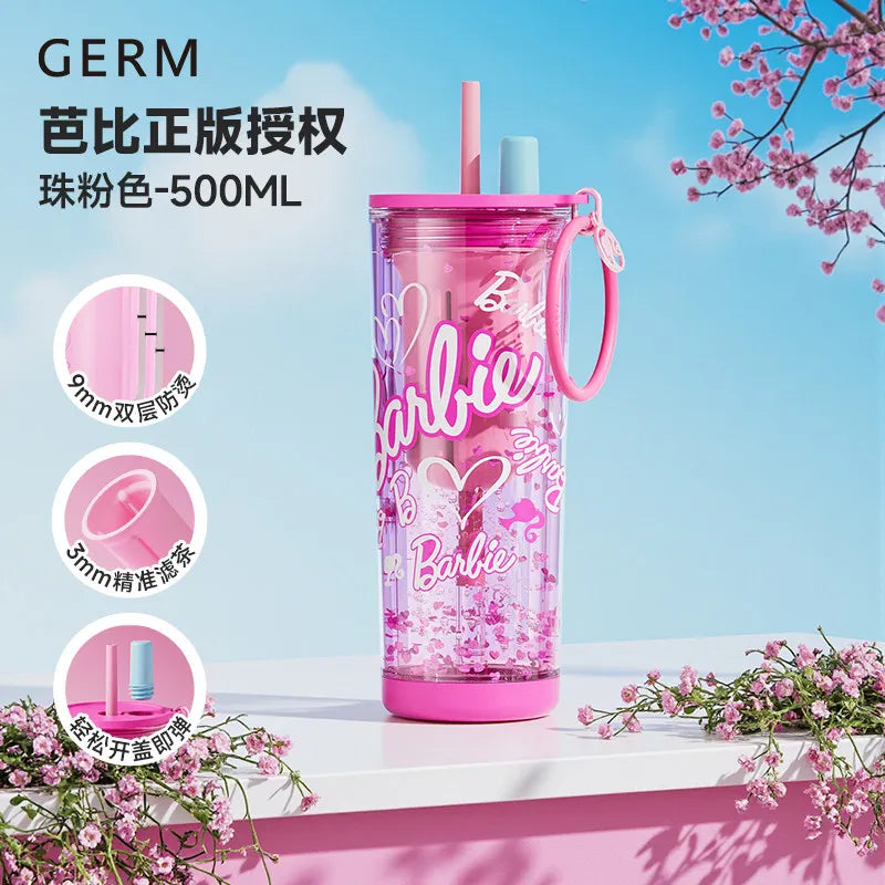 500ml/750ml Summer Barbie Transparent Cup Straw Bead Chain makeup Combo Portable Lightweight Drink Cup For School & Office Use