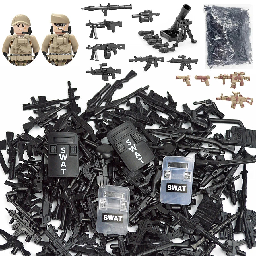 25/50/100Pcs Soldier Police Gangster WW2 Army Military Weapons SWAT Machine Gun Mortar Building Blocks Figure Model Brick Toy