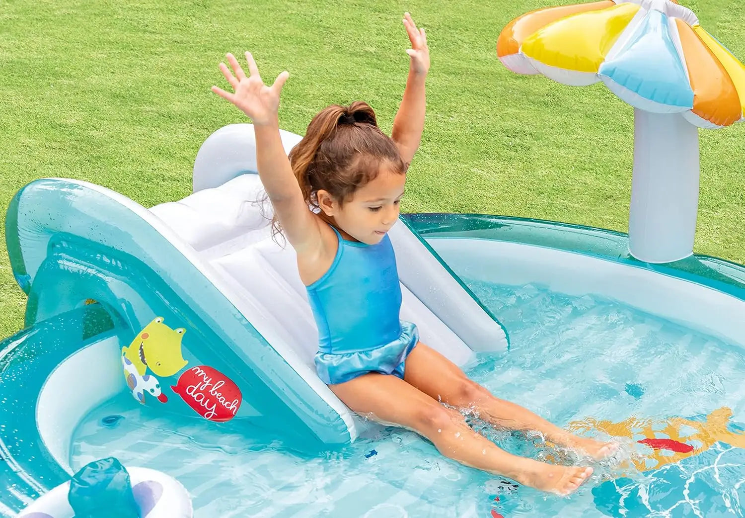 Outdoor Inflatable Kiddie Pool with Slide, Sprinklers, and Floatie for Kids Ages 2+