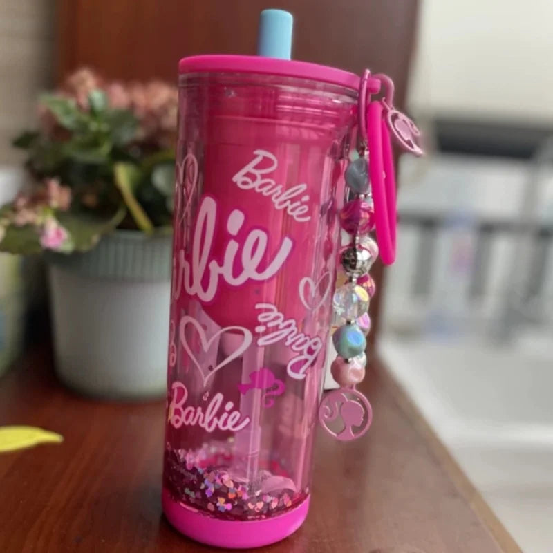 500ml/750ml Summer Barbie Transparent Cup Straw Bead Chain makeup Combo Portable Lightweight Drink Cup For School & Office Use