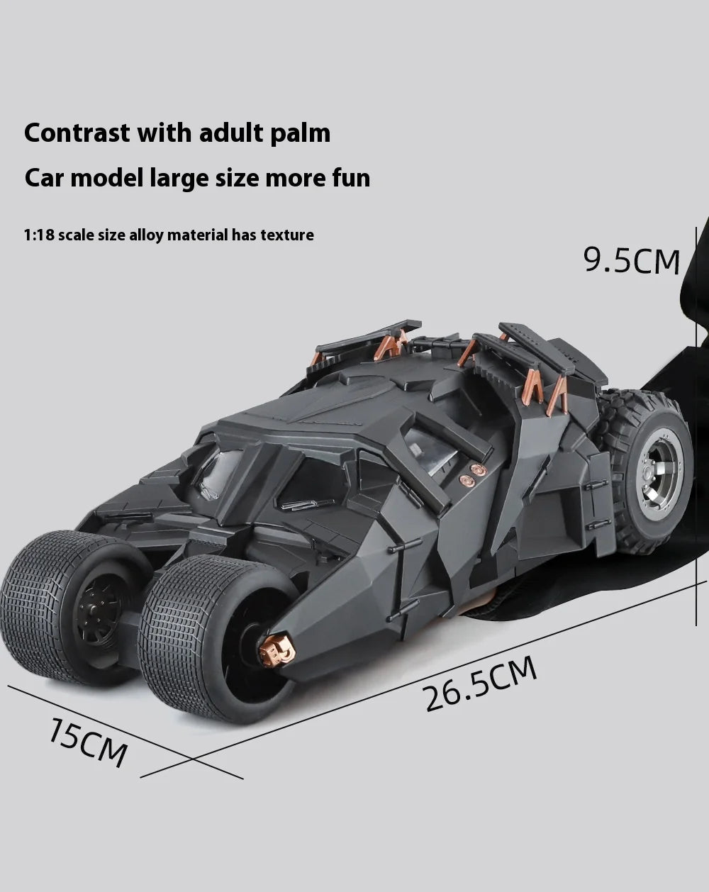 1:18 Cool Batmobile alloy model toys, exquisite desktop ornaments, cool sound and light spray, Christmas gifts