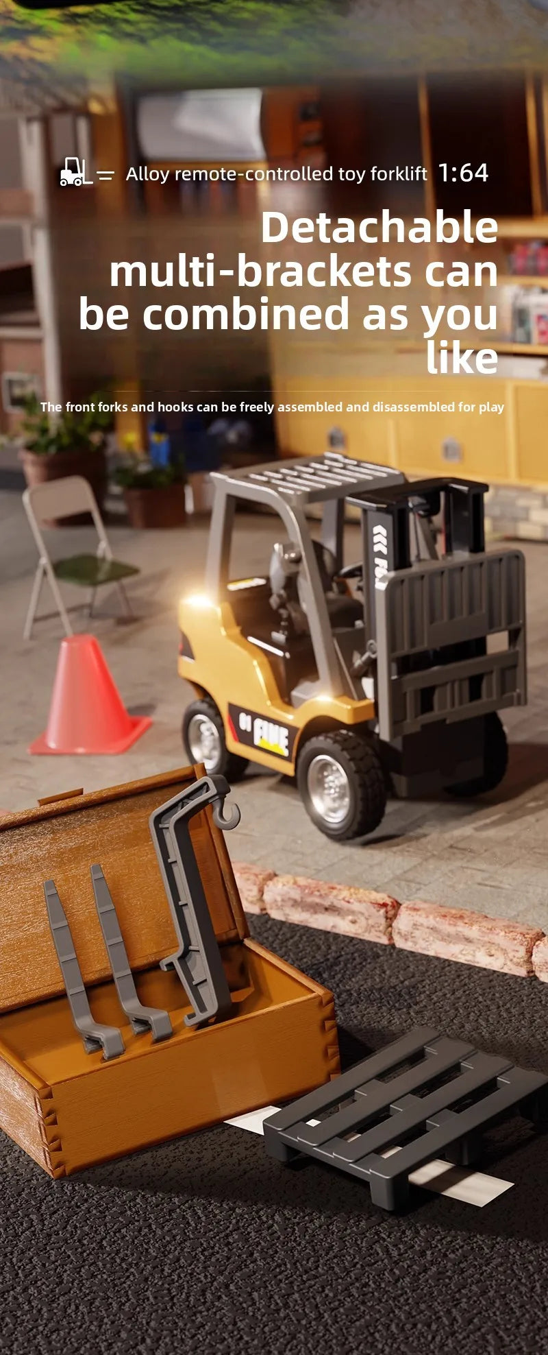 1/64 2.4G RC Mini Alloy Forklift With Trailer Desktop Game Full-scale APP Remote Control Engineering Lift Truck Kids Toys Gifts