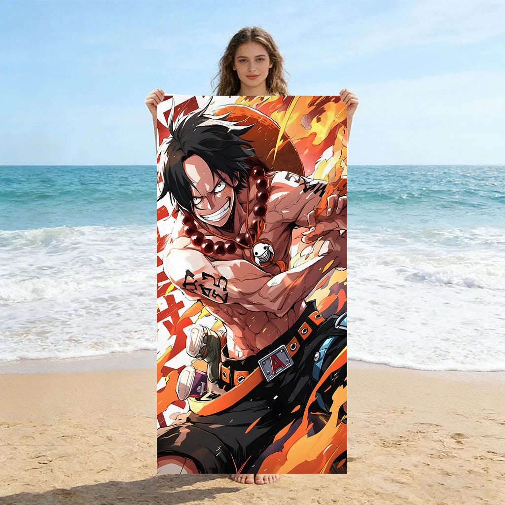 One Piece Portgas D. Ace Fire Fist Beach Towel, Flame Pirate Anime Microfiber Quick Dry Sand-Free Summer Swim Towel
