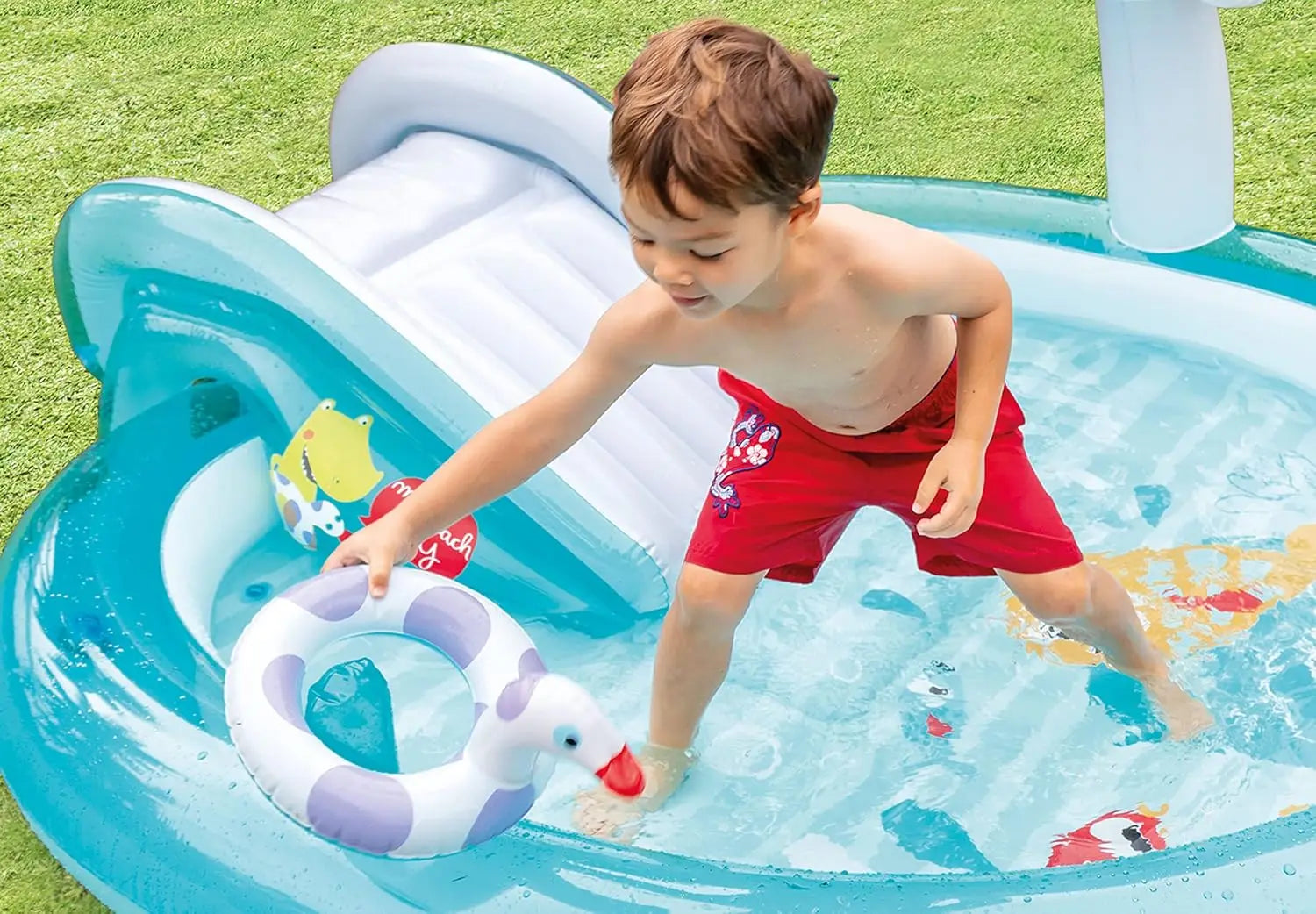 Outdoor Inflatable Kiddie Pool with Slide, Sprinklers, and Floatie for Kids Ages 2+