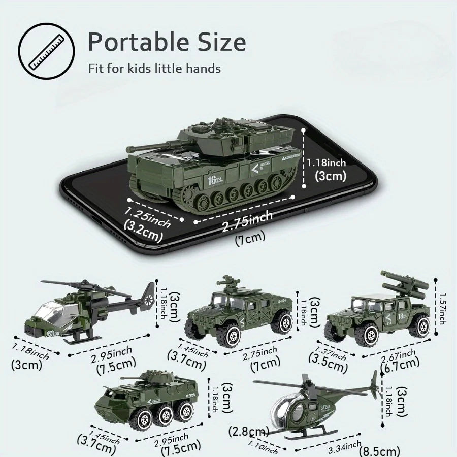 6 Pack Army Toys Mini Assorted Alloy Metal Model Cars Tank, Helicopter, Panzer, Anti-Air Vehicle Playsets Gift