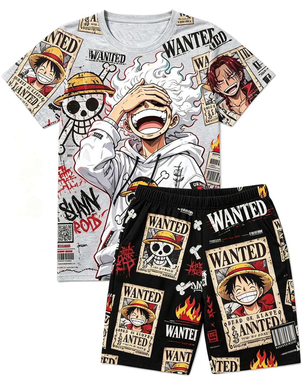 Bandai One Piece D Luffy Laugh Anime Print T-Shirt Drawstring Shorts Set For Men Women Kids Summer Home Casual Two Piece Outfit