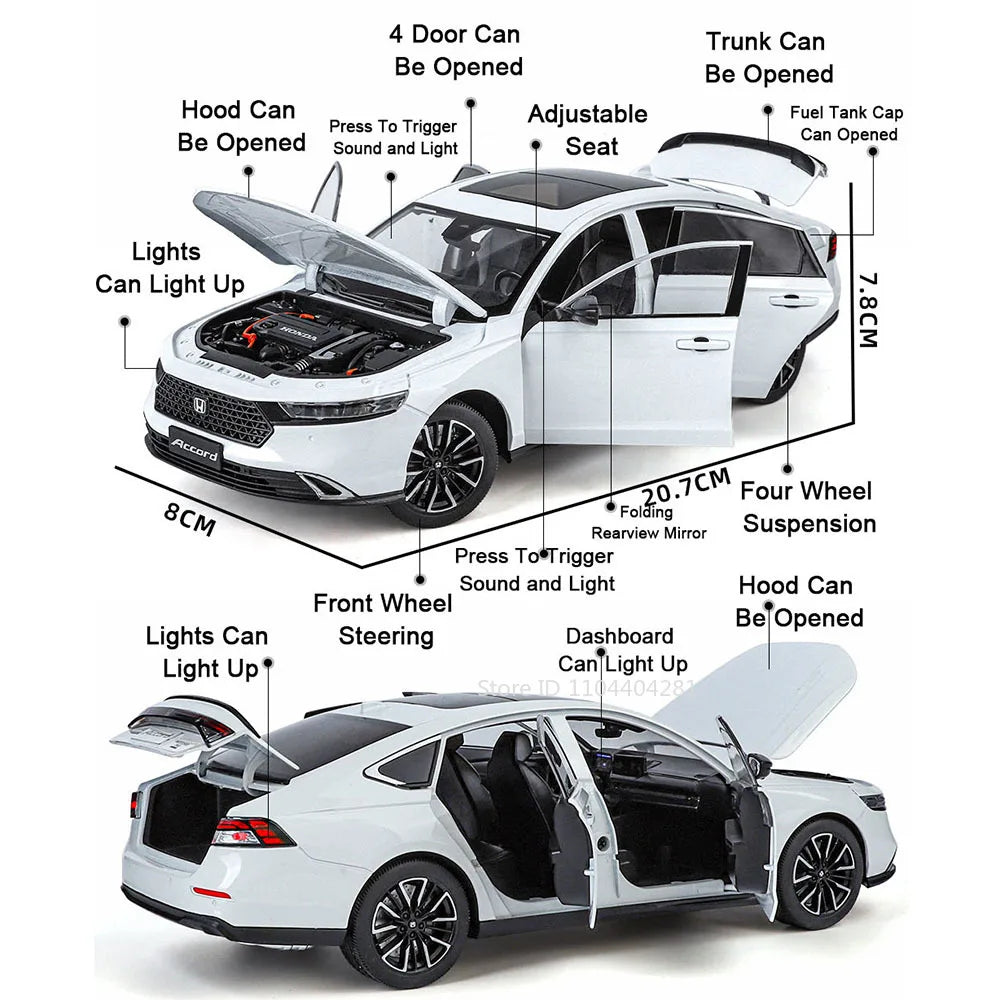 1:18 HONDA Accord Alloy Miniature Model Diecast Toy Door Opened Sound Light Pull Back Front Wheel Steering Classic Birthday Gift